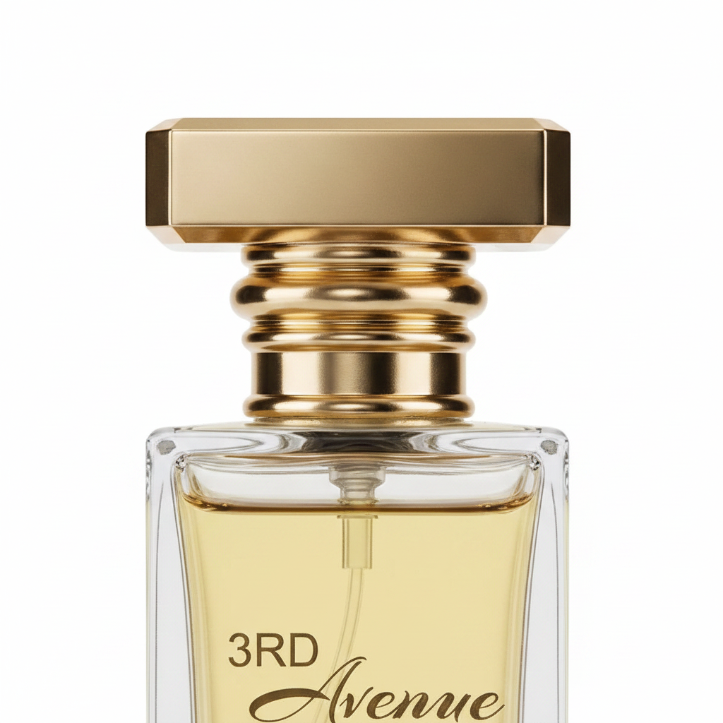 Close-up of 3RD Avenue Eau de Parfum bottle – BOON Perfumes premium glass flacon gold cap
