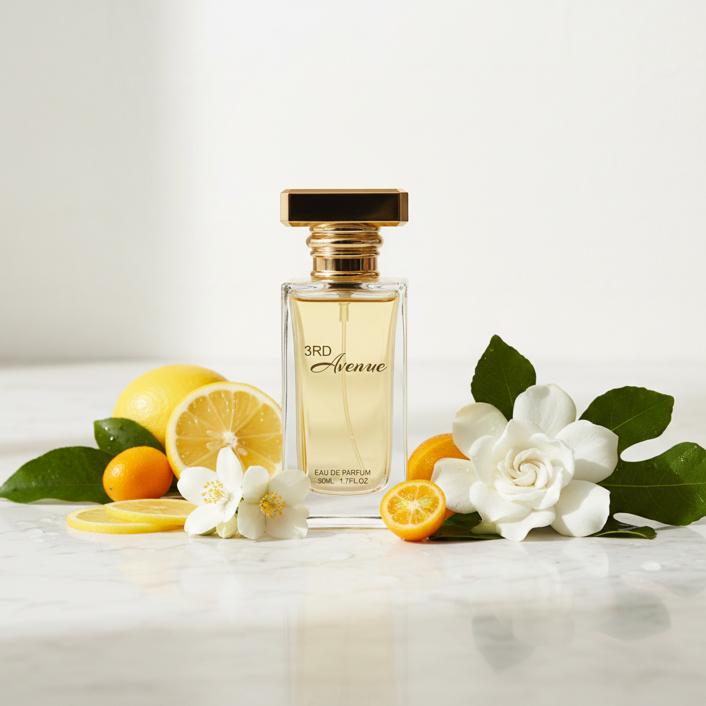3RD Avenue 50ml flat lay with citrus and white florals – BOON Perfumes Dubai unisex fragrance

