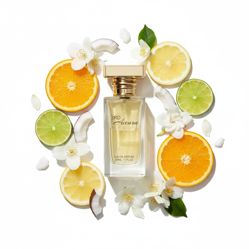 3RD Avenue Eau de Parfum lifestyle shot on marble with citrus and florals – BOON Perfumes luxury fragrance Czech Republic
