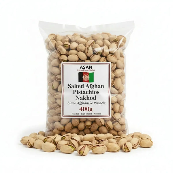 Pražené slané pistácie ve skořápce z Afghánistánu - Premium Roasted Salted Afghan Pistachios 400g bag from asanshop.cz