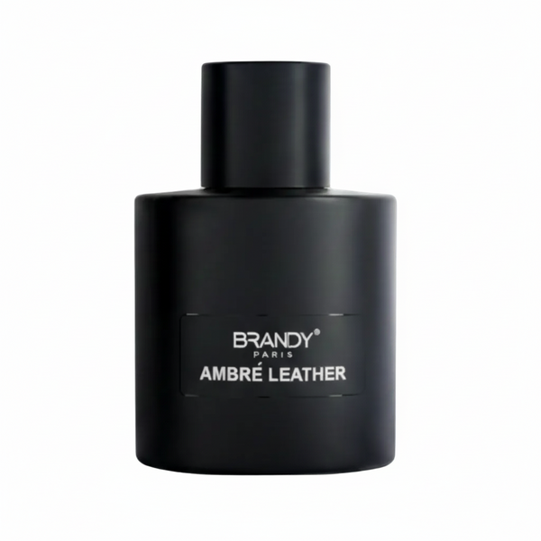Black perfume bottle and packaging labeled 'Ambre Leather' on a white background