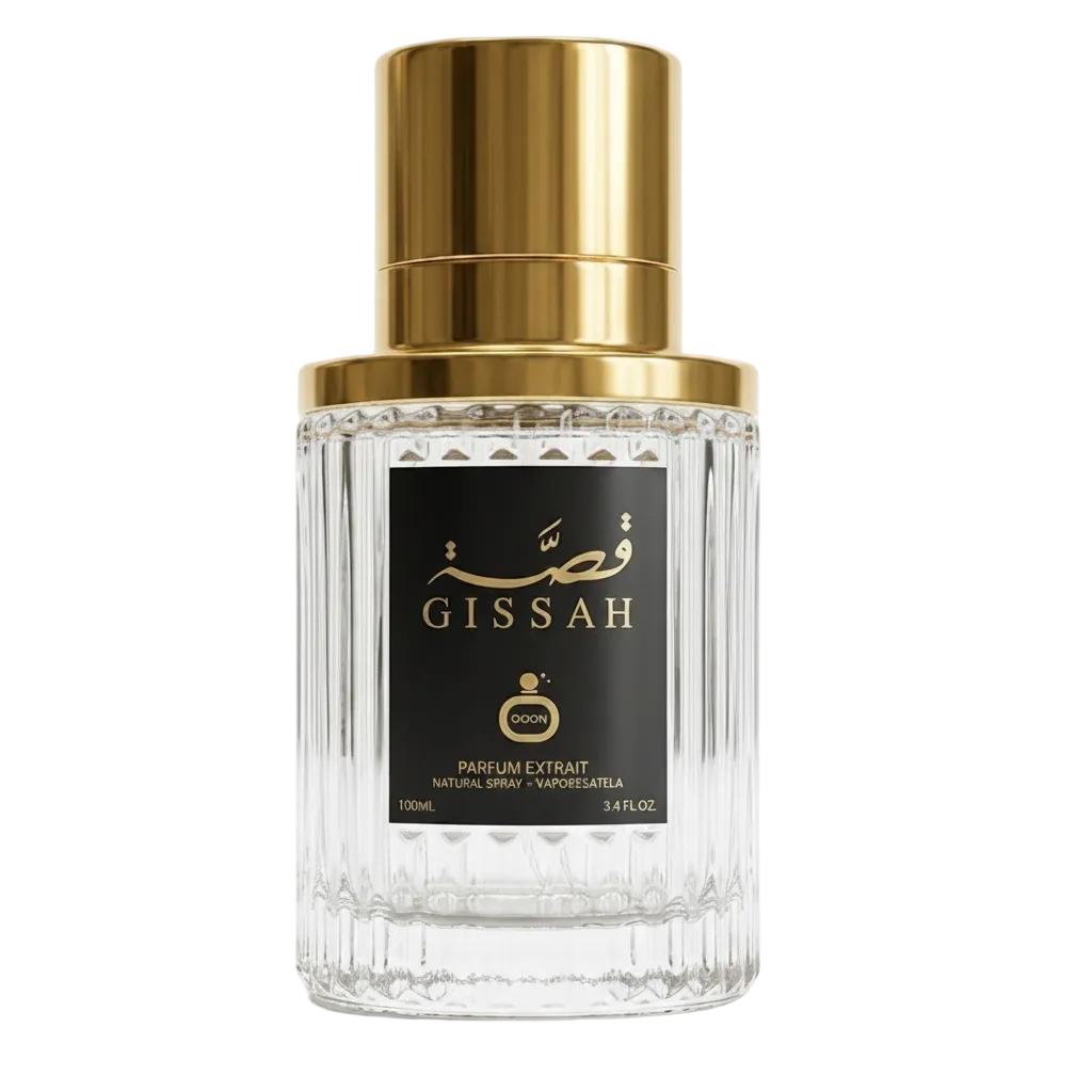 Giss'ah Imperial Collection perfume bottle with gold cap on a white background