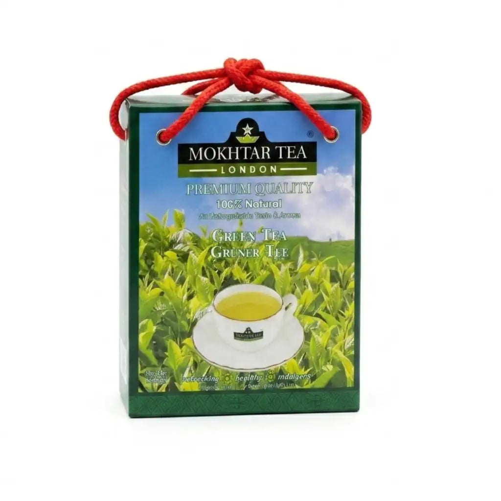 Mokhtar Tea London green tea package with a cup and tea leaves on a white background
