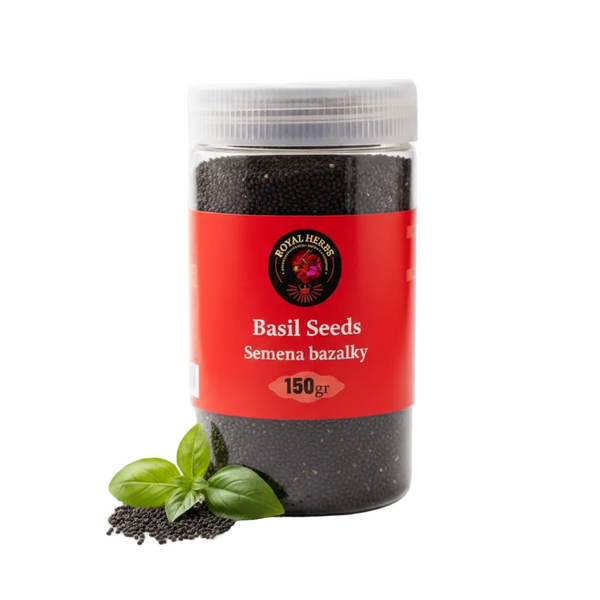 Royal Herbs Basil Seeds 150g – branded jar with fresh basil leaves