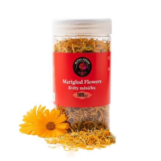 Royal Herbs Marigold Flowers 100g – branded jar with golden marigold flowers