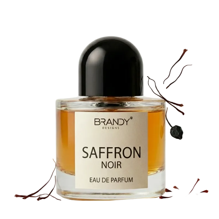 Saffron Noir perfume bottle with brand name on a white background