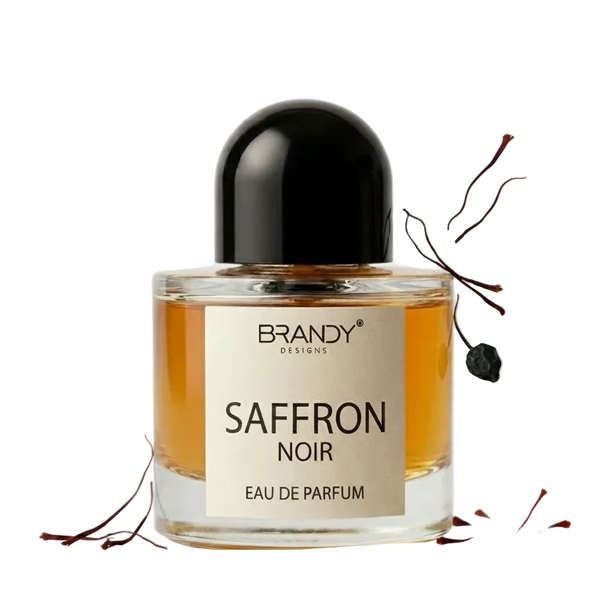 Saffron Noir perfume bottle with brand name on a white background