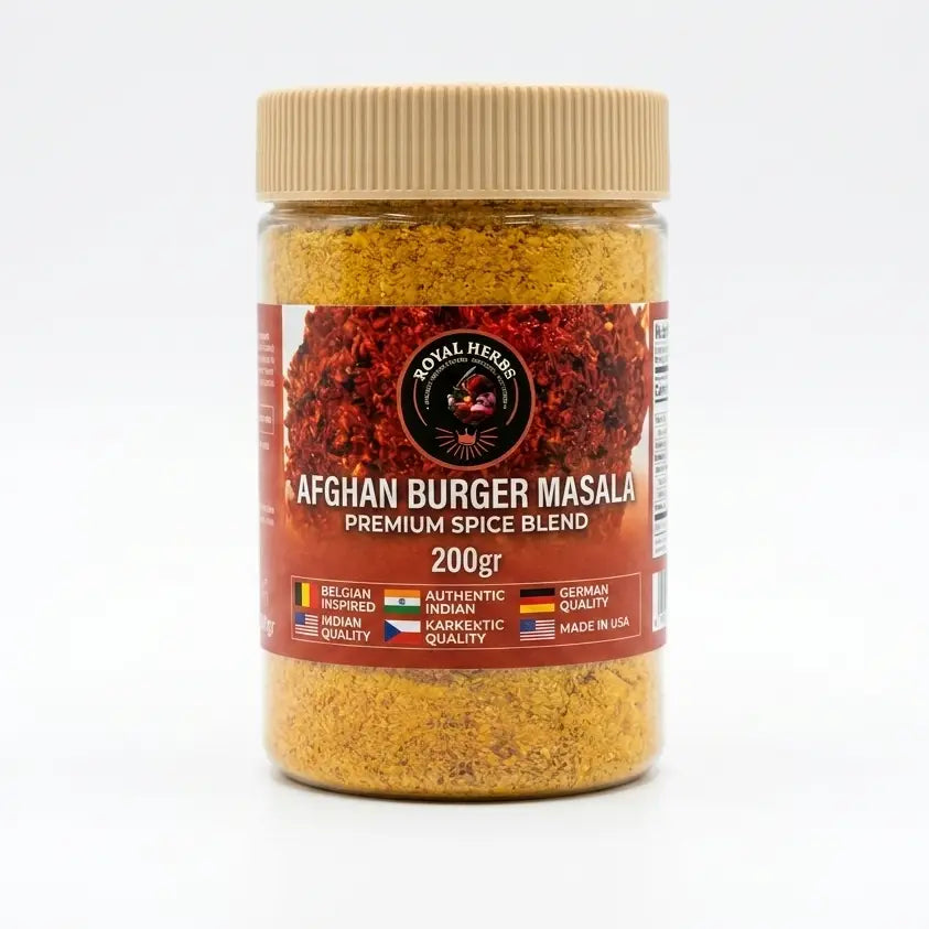 200g pack of Premium Afghan Burger Special Masala, an authentic Kabul street food spice mix for burgers, masala fries, and chapli kebabs.