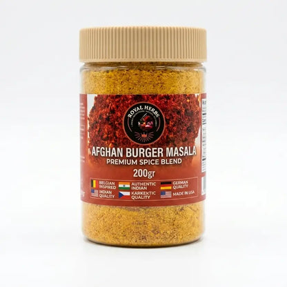 200g pack of Premium Afghan Burger Special Masala, an authentic Kabul street food spice mix for burgers, masala fries, and chapli kebabs.