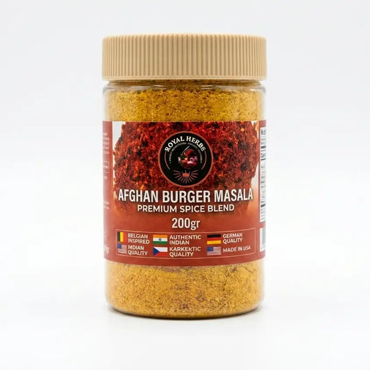 200g pack of Premium Afghan Burger Special Masala, an authentic Kabul street food spice mix for burgers, masala fries, and chapli kebabs.