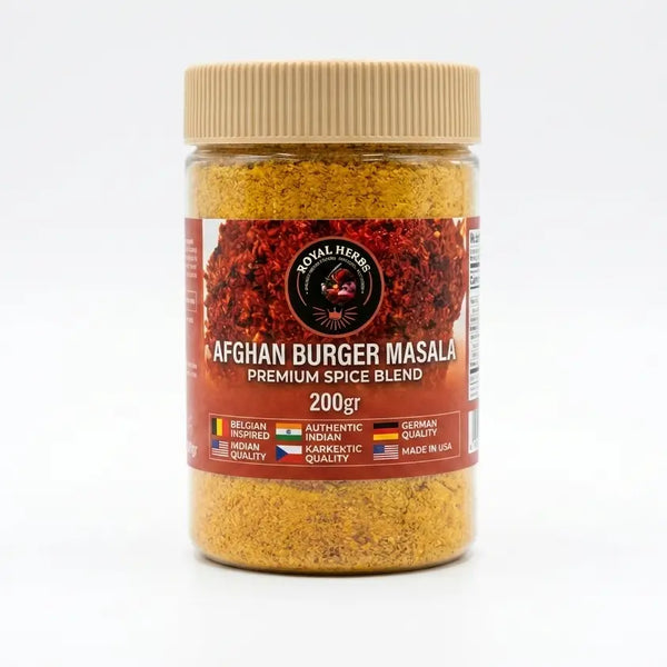 200g pack of Premium Afghan Burger Special Masala, an authentic Kabul street food spice mix for burgers, masala fries, and chapli kebabs.