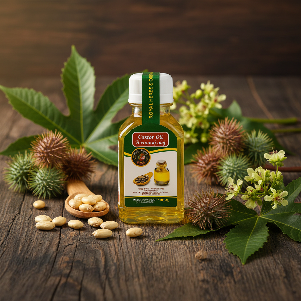 Afghan Castor Oil with castor beans, spiky seed pods and flowers – pure natural cold-pressed castor oil 200ml
