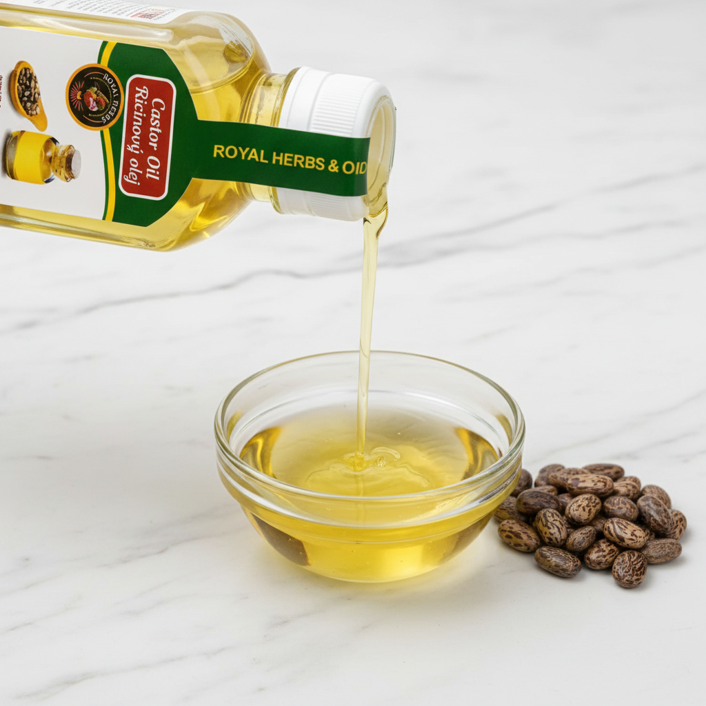 Pure Afghan Castor Oil poured into bowl – thick cold-pressed castor oil rich texture 200ml
