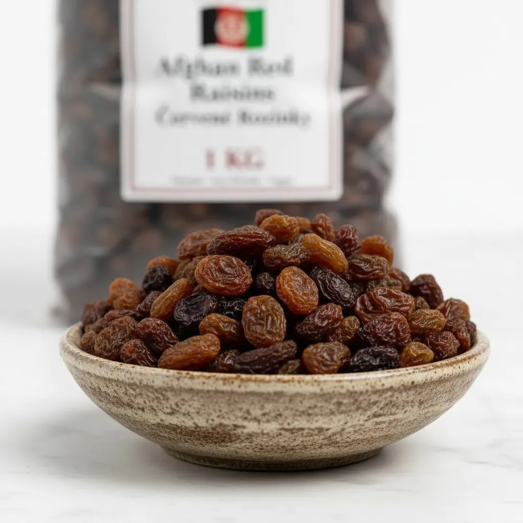 Plump Afghan Ghazni Red Raisins in bowl – rich dark natural sun-dried raisins 1kg
