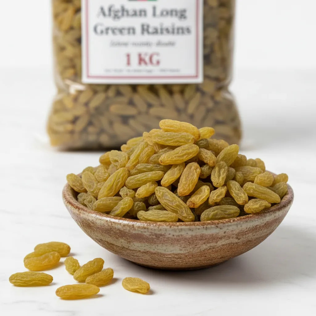 Long elongated Afghan green raisins Shundokhani – distinctive shape and golden-green colour 1kg
