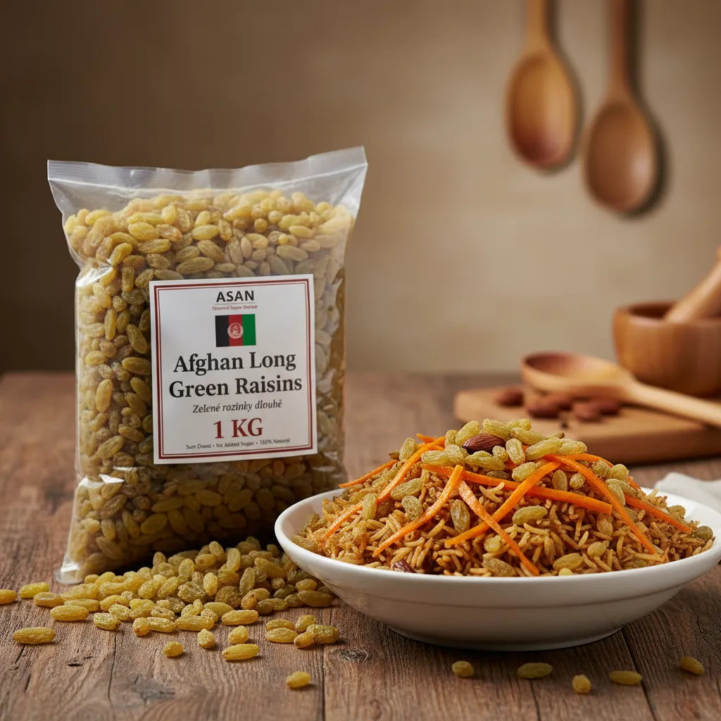 Afghan Long Green Raisins used in Kabuli Palau rice – essential halal cooking ingredient 1kg
