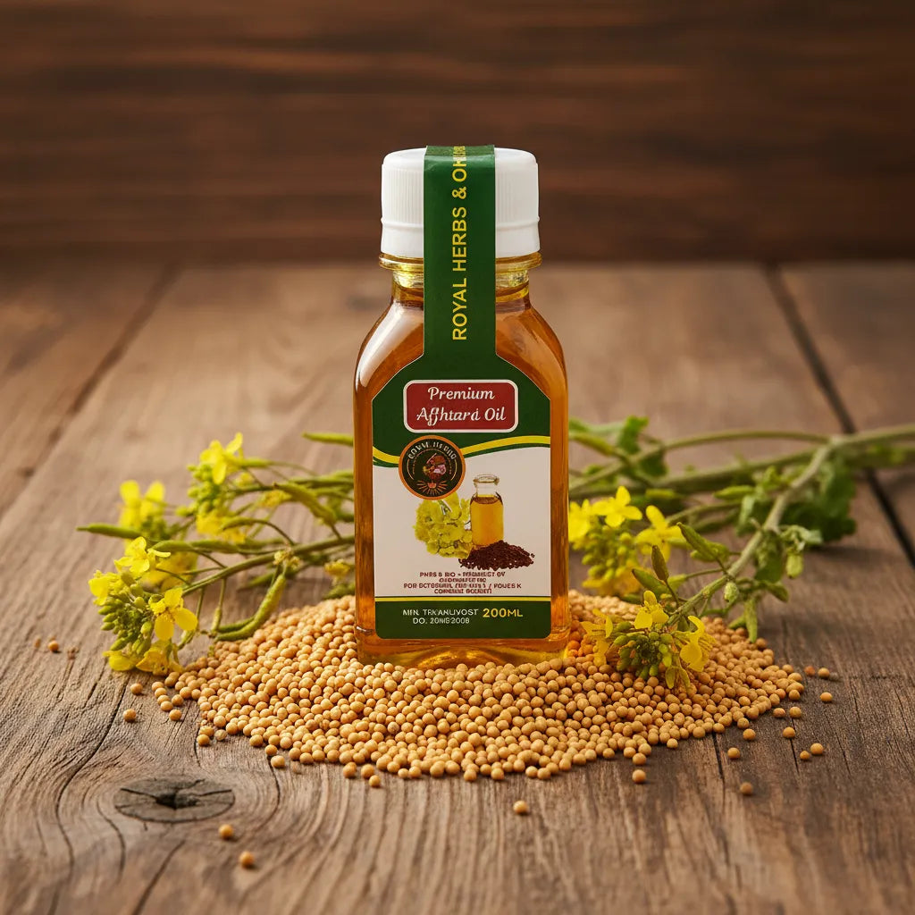 Pure Afghan Mustard Oil poured into bowl – rich amber cold-pressed mustard seed oil 200ml
