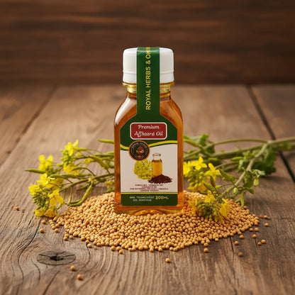 Pure Afghan Mustard Oil poured into bowl – rich amber cold-pressed mustard seed oil 200ml
