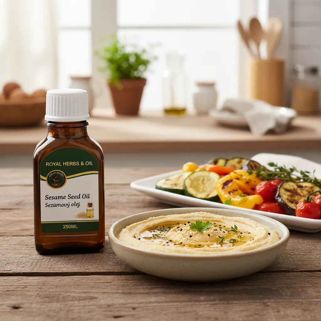 Premium Afghan Sesame Seed Oil used for hummus and grilled vegetables – healthy cooking oil
