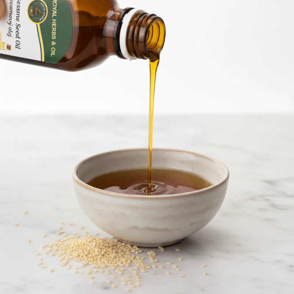Pure Afghan Sesame Oil poured into bowl – rich golden cold-pressed sesame seed oil 250ml
