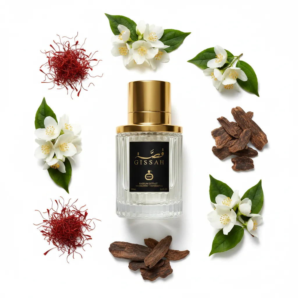 Gissah Imperial Collection OUD 100ml flat lay with saffron, white jasmine and oud wood – luxury Arabian oriental perfume
