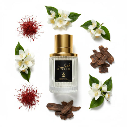 Gissah Imperial Collection OUD 100ml flat lay with saffron, white jasmine and oud wood – luxury Arabian oriental perfume
