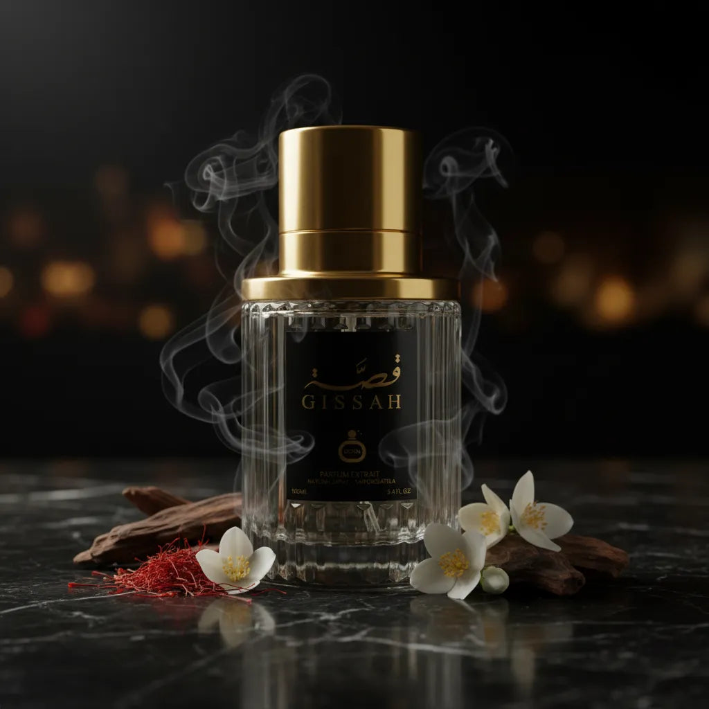 Gissah Imperial Collection OUD Eau de Parfum lifestyle shot on dark marble with saffron and jasmine – smoky oriental luxury fragrance Czech Republic

