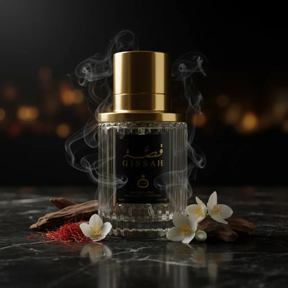 Gissah Imperial Collection OUD Eau de Parfum lifestyle shot on dark marble with saffron and jasmine – smoky oriental luxury fragrance Czech Republic
