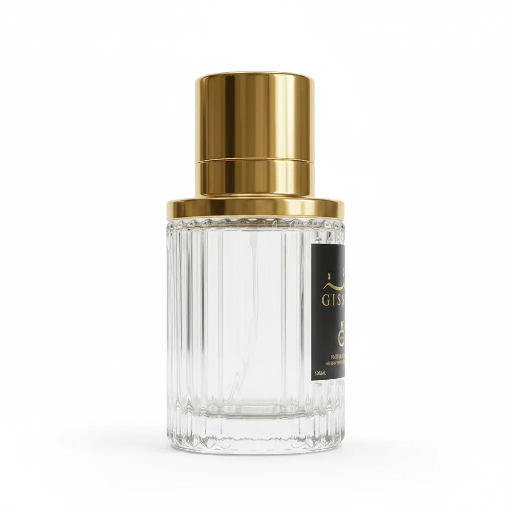 Close-up of Gissah Imperial Collection OUD Eau de Parfum bottle – minimalist glass flacon with gold cap, premium oriental fragrance
