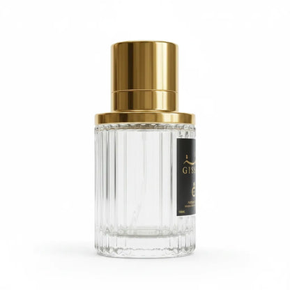 Close-up of Gissah Imperial Collection OUD Eau de Parfum bottle – minimalist glass flacon with gold cap, premium oriental fragrance
