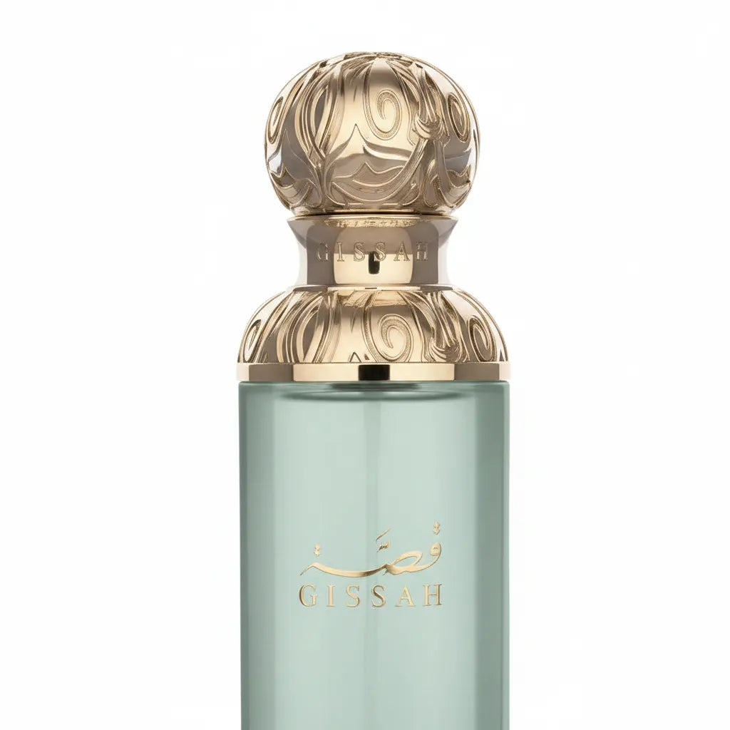 Close-up of Imperial Valley Eau de Parfum bottle – Gissah heavy luxury glass flacon with gold detailing
