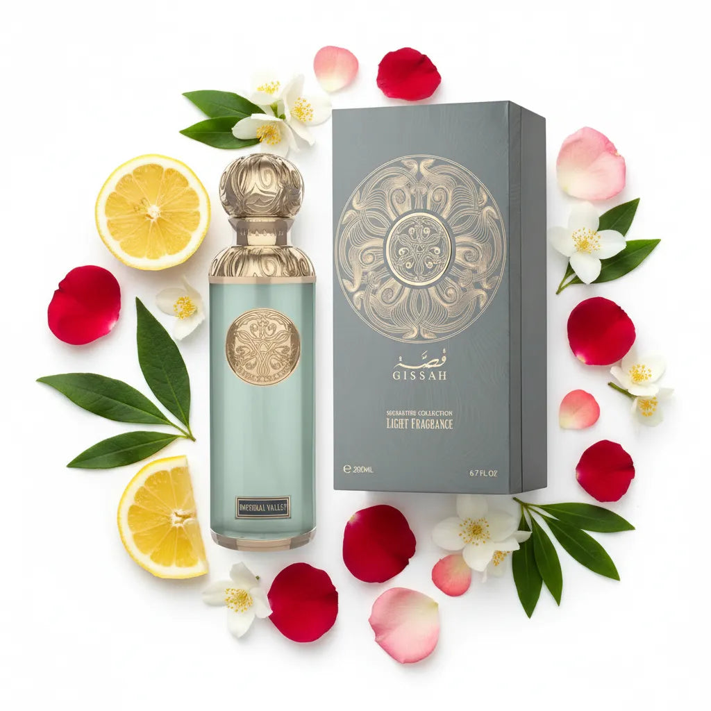 Imperial Valley 200ml flat lay with lemon, jasmine and rose petals – Gissah luxury Arabian fragrance with display box

