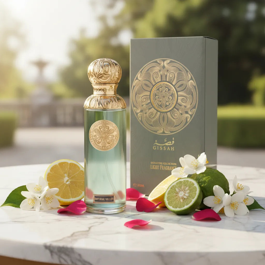 Imperial Valley Eau de Parfum lifestyle shot on marble with lemon and jasmine – Gissah luxury oriental fragrance Czech Republic
