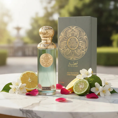 Imperial Valley Eau de Parfum lifestyle shot on marble with lemon and jasmine – Gissah luxury oriental fragrance Czech Republic

