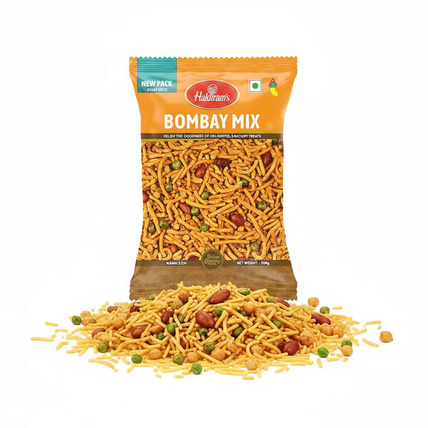 Packaged Bombay Mix snack with visible ingredients on a white background