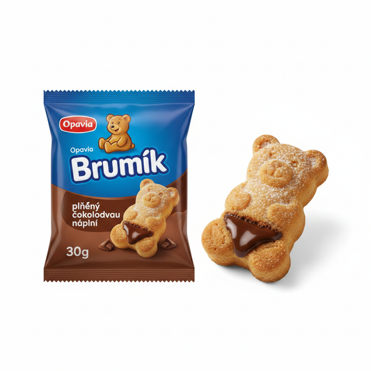 Opavia Brumík Chocolate Filling 30g – soft bear-shaped sponge cake with packaging, buy online Czech Republic