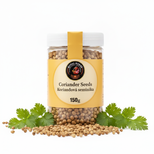 Coriander Seeds Premium Afghan - Royal Herbs jar with yellow label, fresh coriander leaves and seeds