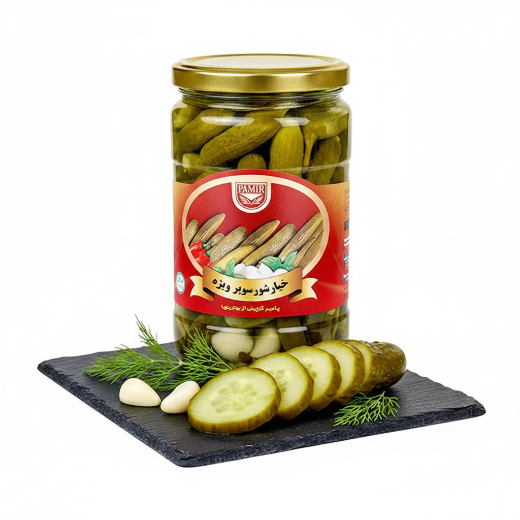Pamir Khiyar Shor 560g – Afghan Garlic Pickled Cucumbers styled hero shot