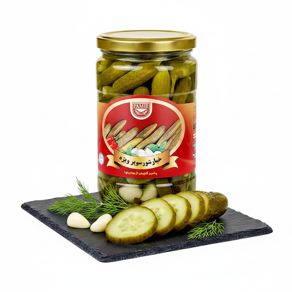 Pamir Khiyar Shor 560g – Afghan Garlic Pickled Cucumbers styled hero shot