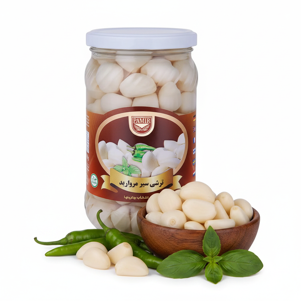Pamir Pearl Garlic Pickles 640g – styled hero shot with garlic bowl
