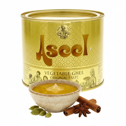 Aseel Vegetable Ghee 500ml – styled hero shot with golden ghee bowl and spices