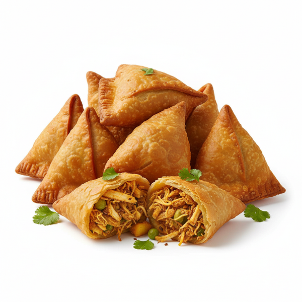 Chicken Samosa – Frozen Halal Crispy Chicken Samosa, golden triangular pastry with spiced chicken filling