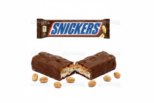 Snickers 50g chocolate bar wrapped and broken open showing peanut caramel nougat layers
