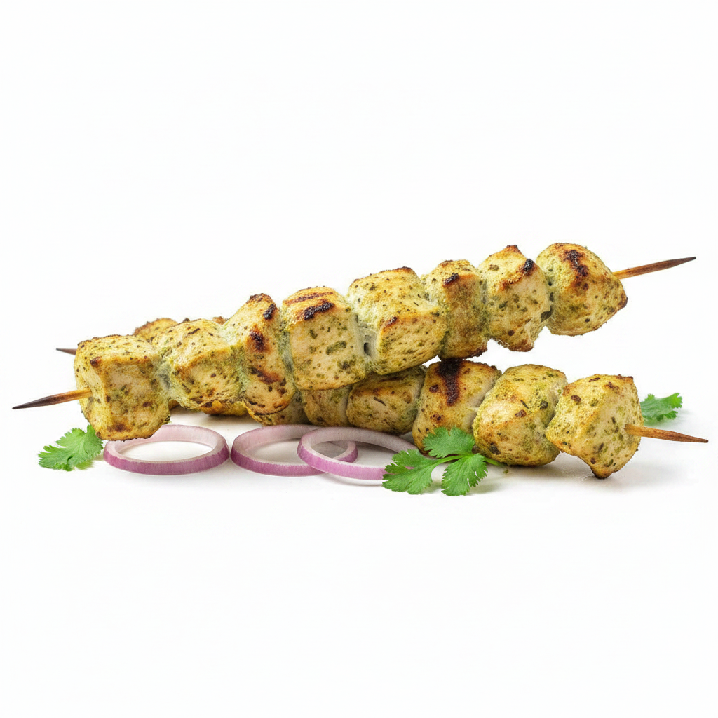 Malia Boti Chicken – Frozen Halal Malai Boti Chicken, golden creamy marinated chicken pieces on skewers