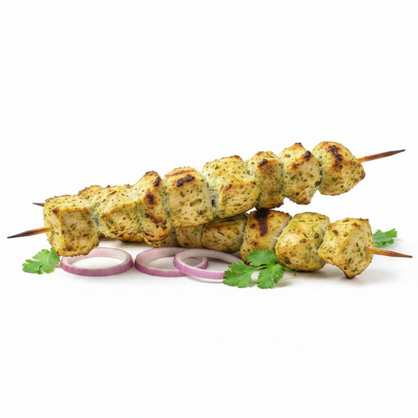 Malia Boti Chicken – Frozen Halal Malai Boti Chicken, golden creamy marinated chicken pieces on skewers