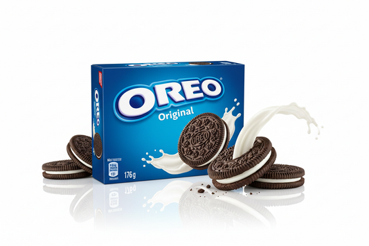 Oreo Original 176g family pack box with sandwich cookies scattered around showing vanilla cream filling