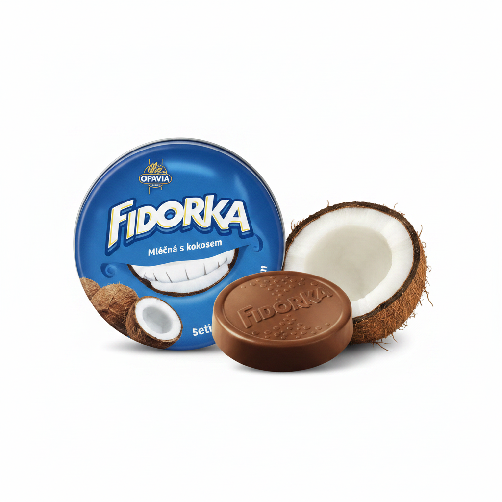 Opavia Fidorka Mléčný 30g – blue tin upright with wafer disc and coconut, buy online Czech Republic