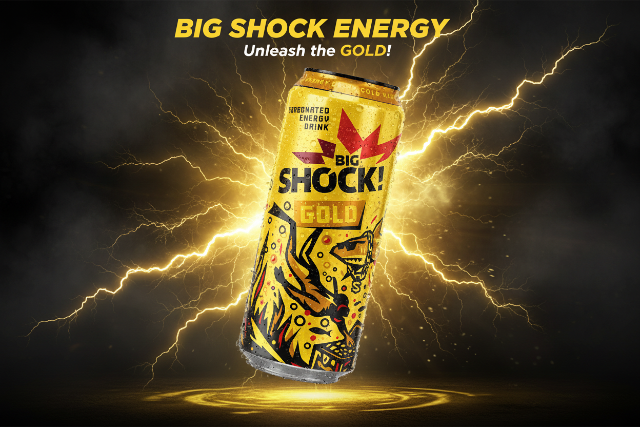 Big Shock Energy Gold 500ml can with dramatic golden lightning hero banner