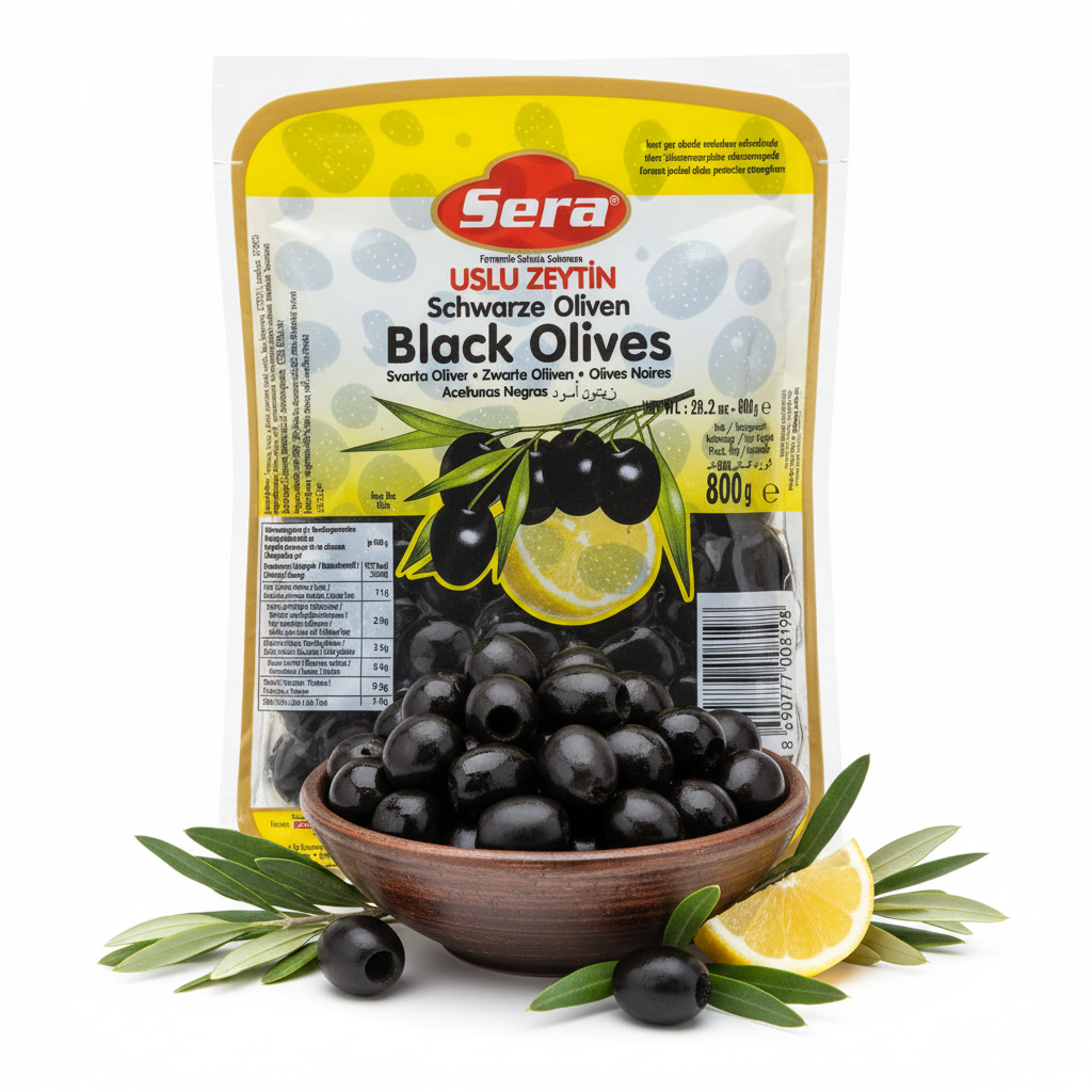 Sera Black Olives 800g – styled hero shot with olive bowl and lemon