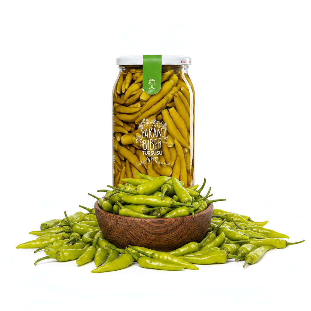 Evcen Morchak 350g – styled hero shot with fresh hot peppers